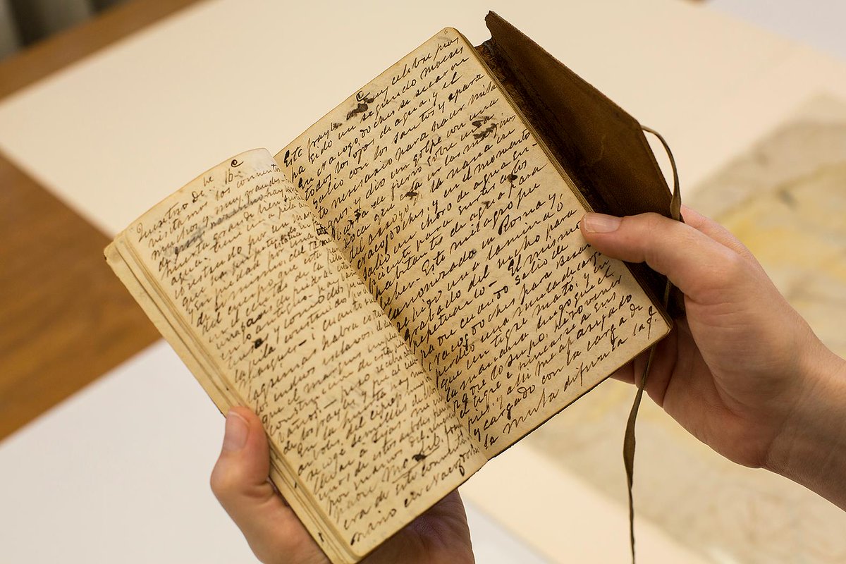 TracesofTexas's tweet photo. Stephen F. Austin was jailed in Mexico in January 1834 and remained locked up for nearly a year. While there, he wrote a secret diary. That diary, shown here in a photo that I took in 2015, is now at the @BriscoeCenter at UT-Austin. Seeing it in real life left me shaking. https://t.co/1XgSBAmXIQ