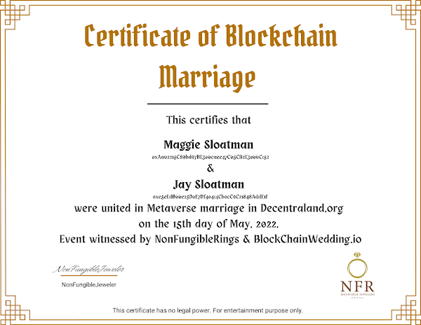 NonFungibleRing's tweet photo. Marriage Registered #1
@ligitpro 

@NonFungibleRing &amp; @BlockChainWed 💟💒
#metamarriage 
https://t.co/S2YOaaAxdy https://t.co/h5WfmYAhZO