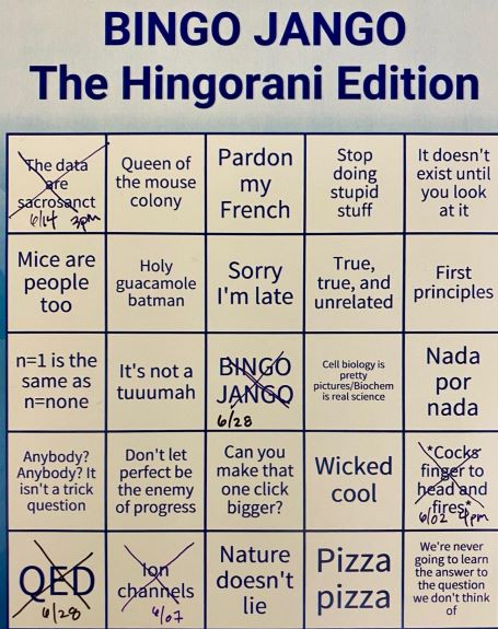 The <a href="/HingoraniLab/">Hingorani Lab</a> has been playing BINGO in June in honor of Sunil's last month at <a href="/fredhutch/">Fred Hutch Cancer Center</a> before joining <a href="/unmc/">University of Nebraska Medical Center</a> in late July. Which of these have you heard him say re: #pancreaticcancer research? #micearepeopletoo