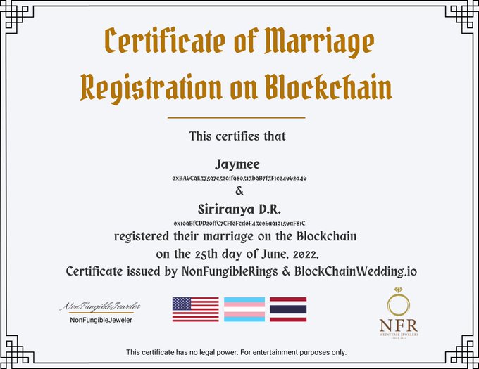 NonFungibleRing's tweet photo. Marriage Registered #5

@NonFungibleRing &amp; @BlockChainWed 💟💒
#metamarriage 
https://t.co/S3Ms08CfKn https://t.co/Z3Lc498Vjp