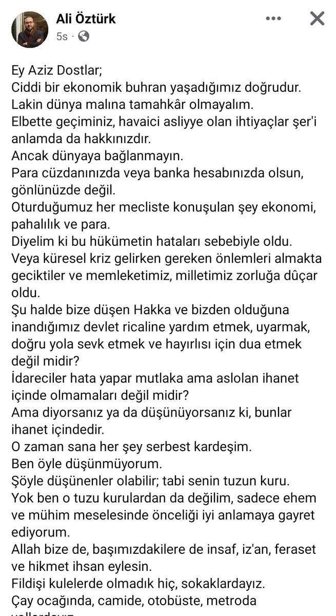 Numan Kurtulmuş’un basın müşavirinden Türk milletine mesaj var: Ekonomik buhran yaşadığımız doğrudur lakin dünya malına tamahkar olmayalım. Dua edelim