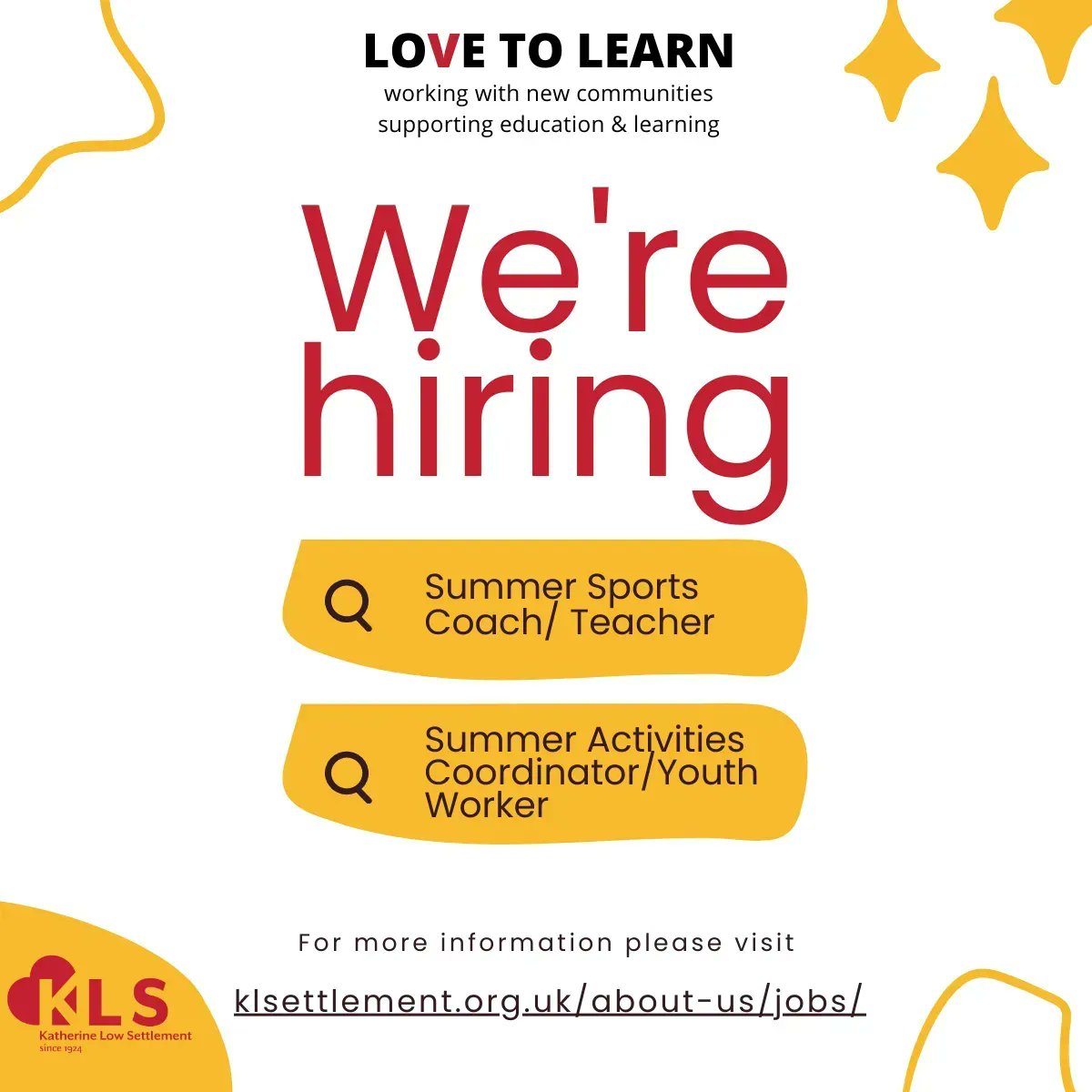 klsettlement's tweet image. Looking for a job? Come join us supporting young people from a refugee background this summer! We’re hiring for the following positions:
For more information check out our website! klsettlement.org.uk/about-us/jobs/
#refugeesupport #youthworker #battersea #wandsworth #katherinelowsettlement