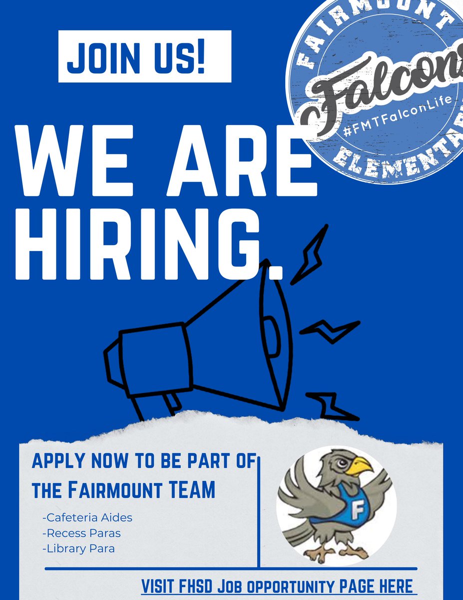 FMTFalcons's tweet photo. Fairmount is hiring!  We are looking for dynamic, positive team members who love working with kids to join us for the 22/23 school year!  Click the link to view openings and apply! https://t.co/M9CV7U3Ho8 #FMTFalconLife https://t.co/CoSga2PVE5