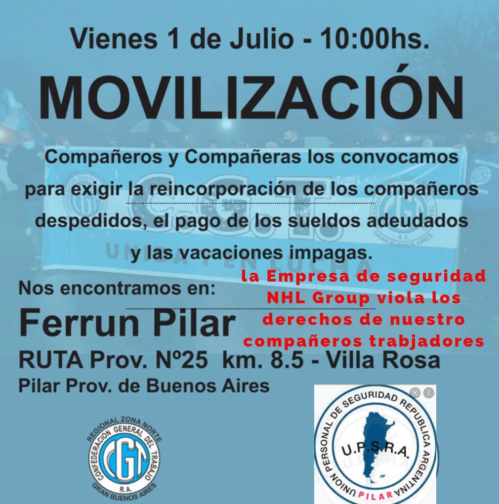 upsrapilar's tweet photo. Agotadas las instancias en defensa de nuestros compañeros con #nhlgroup prestadora de #ferrum nos movilizamos @UpsraQ @pilaradiario @PilarDeTodos @InfoGremiales @UPSRAok @upsrazonanorte https://t.co/wlbD2Hzdr4