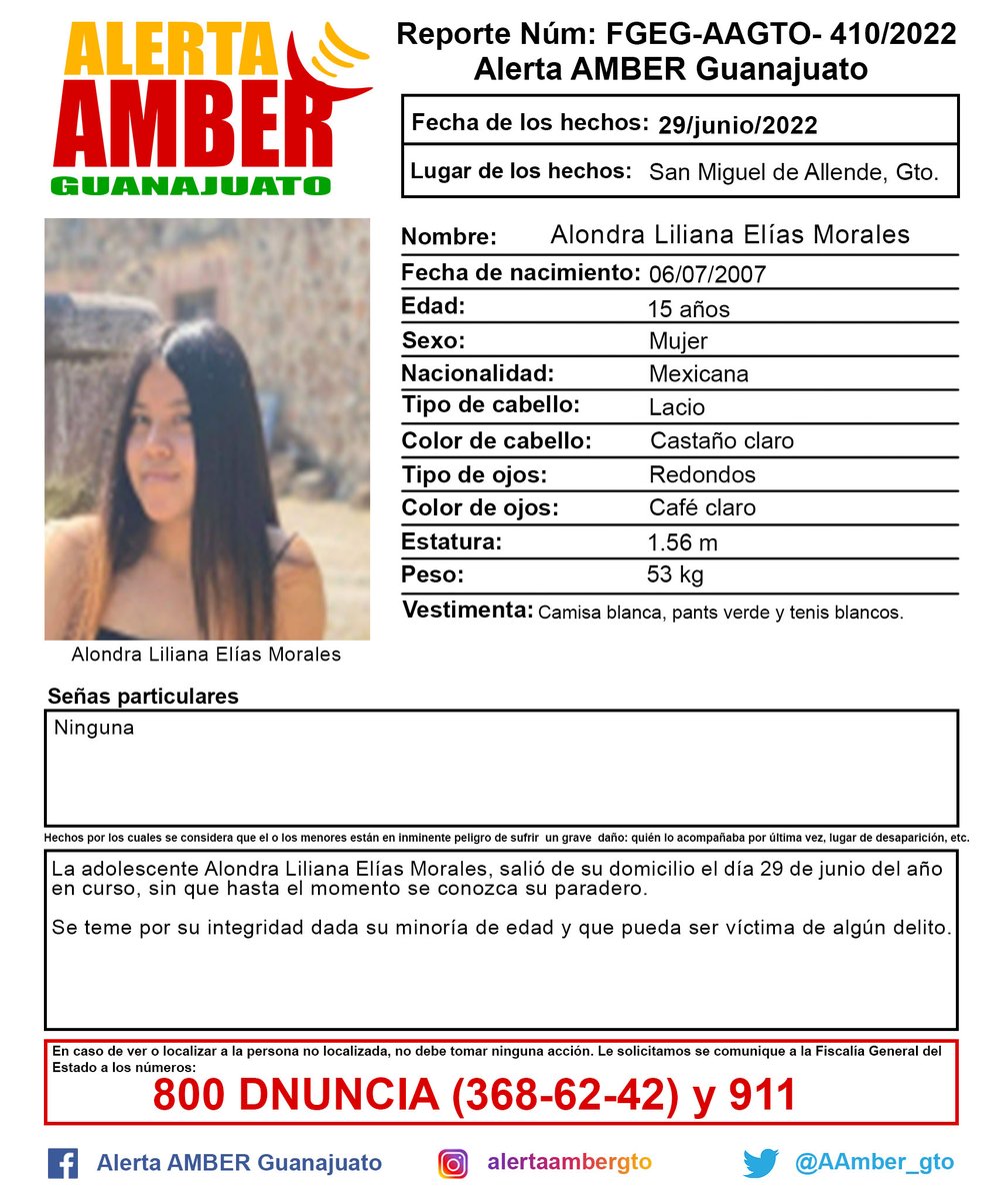 AAMBER_gto's tweet photo. Activación de la Alerta AMBER Guanajuato de la adolescente Alondra Liliana Elías Morales de 15 años de edad, San Miguel de Allende, Gto. ¡Ayúdanos a localizarla! https://t.co/DwvjeT8TDA