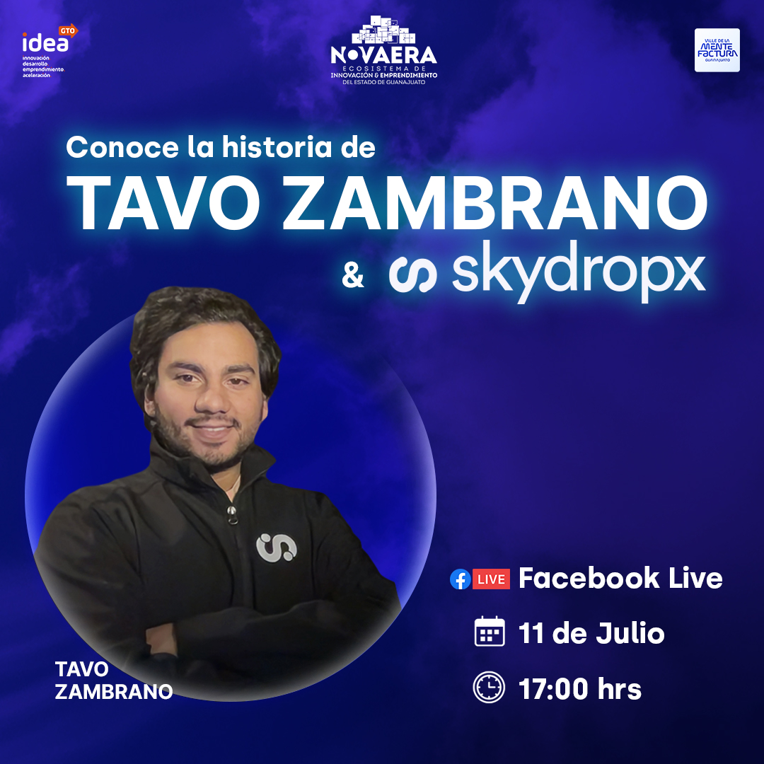 ⁣No te pierdas  nuestro Facebook Live en donde contaremos con la presencia de Tavo Zambrano CEO de <a href="/SkydropxLAT/">Skydropx LATAM</a>, quien nos contará su trayecto como emprendedor y de cómo inicio la startup de logística más 𝗱𝗶𝘀𝗿𝘂𝗽𝘁𝗶𝘃𝗮 de América Latina. ⁣
⁣
¡Conéctate!⁣
⁣
#Novaera