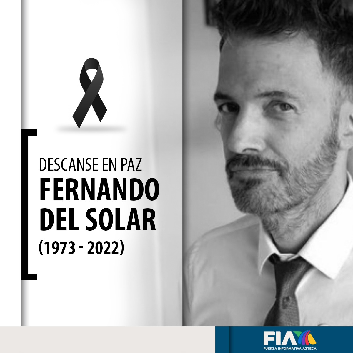 AztecaNoticias's tweet photo. Lamentamos el fallecimiento del conductor Fernando del Solar. 

Siempre será recordado como una persona alegre.

QEPD

https://t.co/so0depl9DZ https://t.co/SPbc4Ki7IE