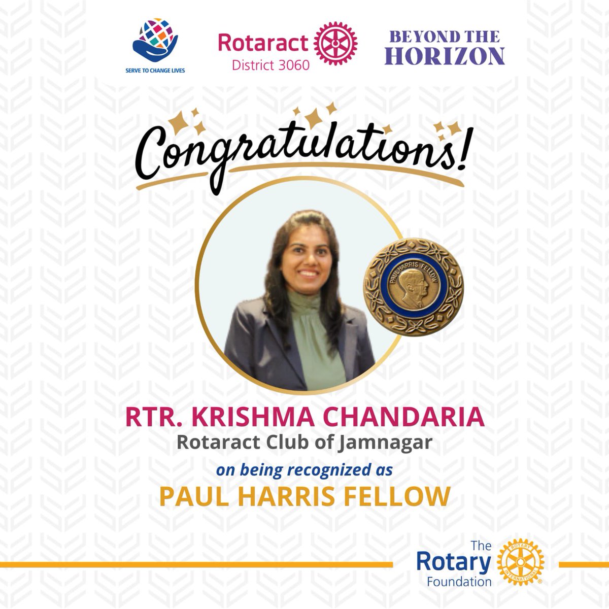 𝐑𝐨𝐭𝐚𝐫𝐚𝐜𝐭𝟑𝟎𝟔𝟎 feel immense pleasure to share the contribution of 𝐑𝐭𝐫. 𝐊𝐫𝐢𝐬𝐡𝐦𝐚 𝐂𝐡𝐚𝐧𝐝𝐚𝐫𝐢𝐚, 𝐑𝐨𝐭𝐚𝐫𝐚𝐜𝐭 𝐂𝐥𝐮𝐛 𝐨𝐟 𝐉𝐚𝐦𝐧𝐚𝐠𝐚𝐫 towards The Rotary Foundation. Let’s congratulate her on being recognised as 𝐏𝐚𝐮𝐥 𝐇𝐚𝐫𝐫𝐢𝐬 𝐅𝐞𝐥𝐥𝐨𝐰