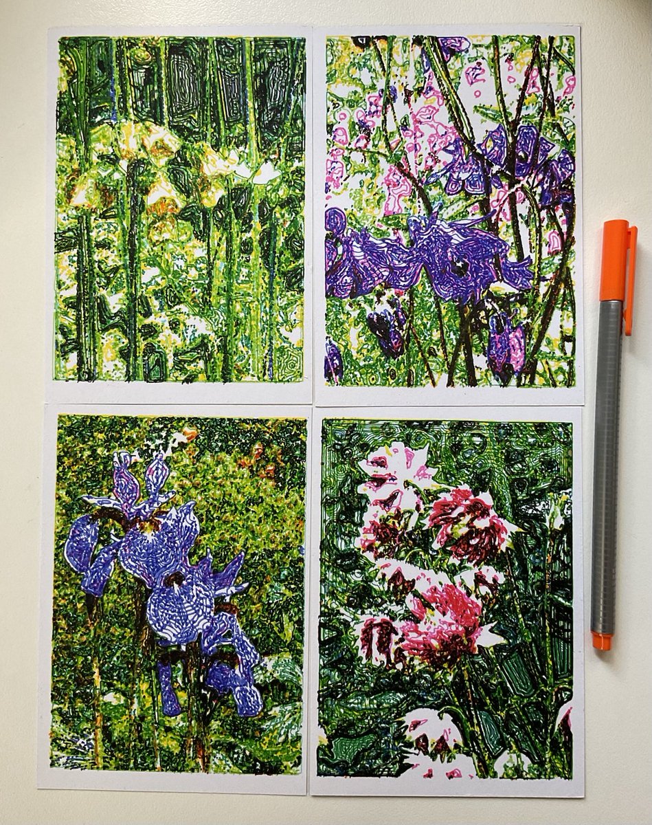 DrRJMondragon's tweet image. Four postcards, fineliner, 10 colours #plottertwitter #polargraph #vplotter