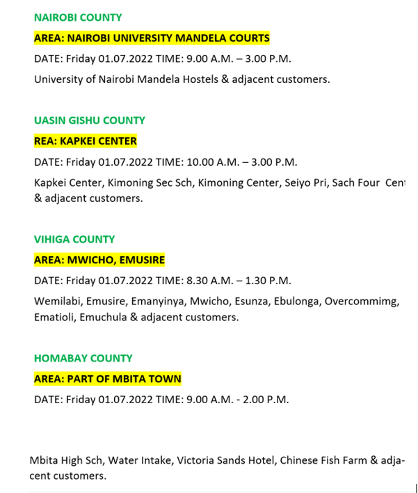KenyaPower_Care's tweet photo. Good Evening, the following areas are on scheduled maintenance tomorrow, Friday, 01.07.2022. ^FN https://t.co/E9o5dJoE70