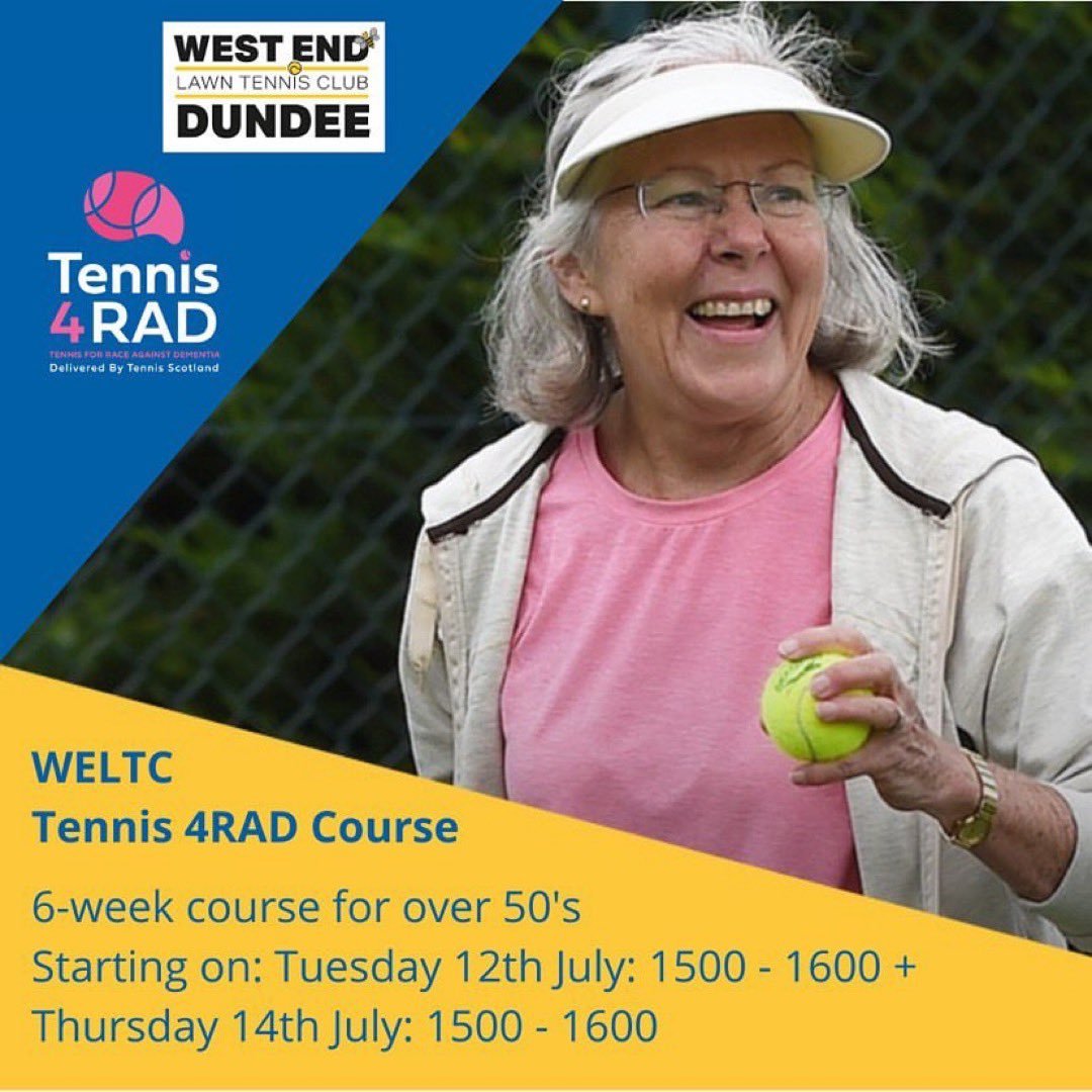 racingdementia's tweet photo. .@WELTC_Dundee will be running two six-week @Tennis4Rad courses, starting on 12 and 14 July in support of our race against dementia. https://t.co/Au55BiyWch