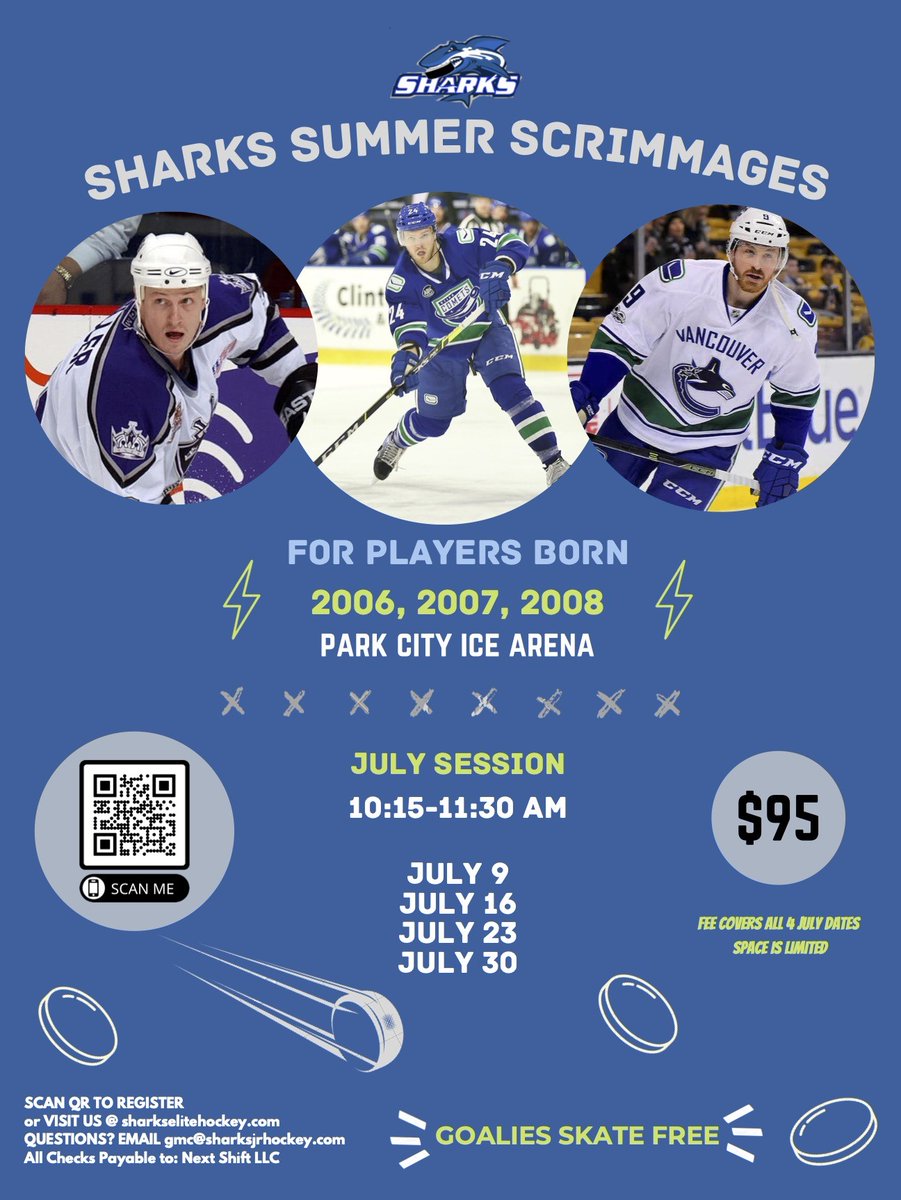 SharksElite1's tweet photo. SHARKS FAM!! Join us in Park City for this awesome summer scrimmage session. Scan the QR Code to register! **SPACE IS LIMITED** https://t.co/jCWZP5B1Dm