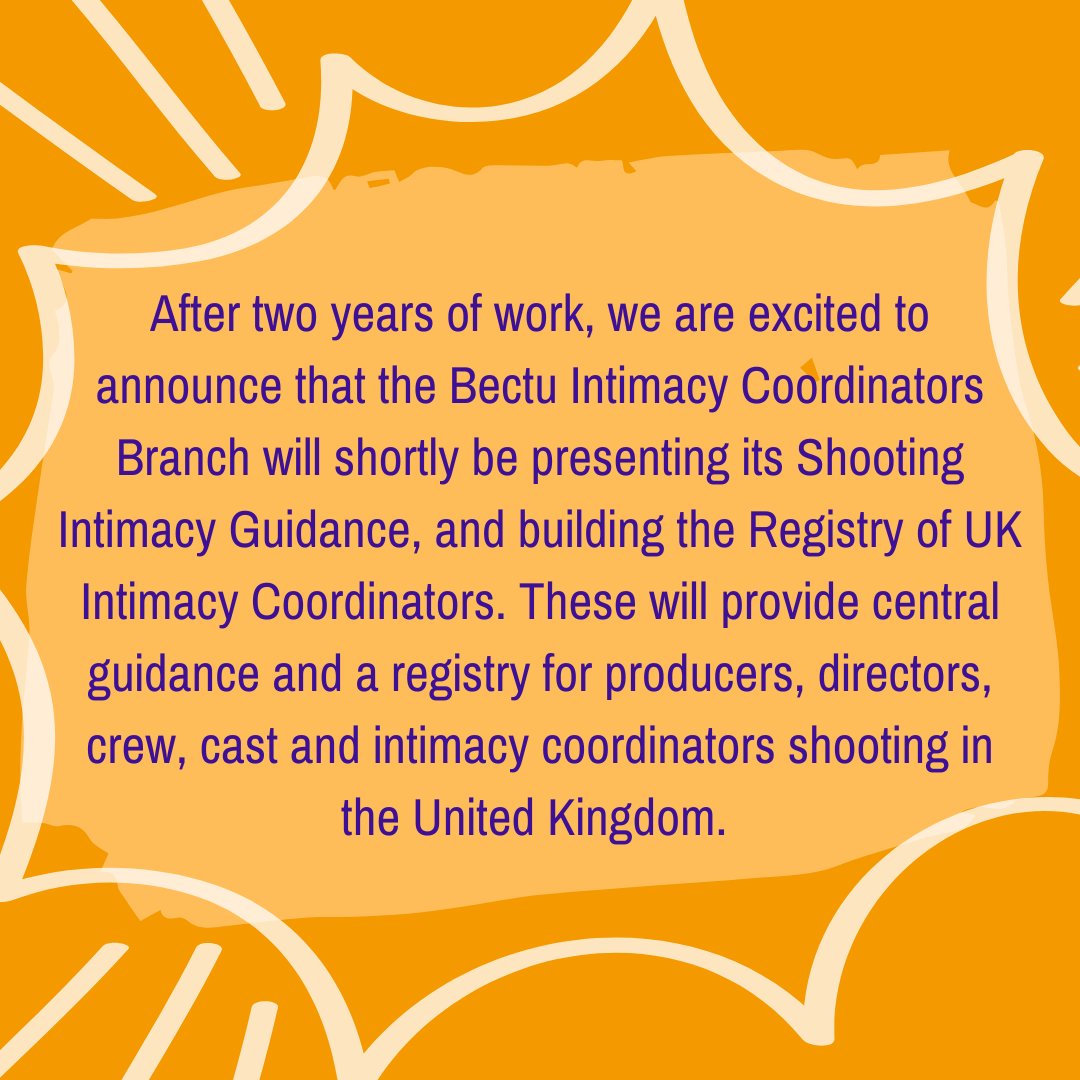After two years of work, we are excited to announce that the Bectu Intimacy Coordinators Branch will shortly be presenting its Shooting Intimacy Guidance, and building the Registry of UK Intimacy Coordinators bectuintimacybranch.co.uk <a href="/bectu/">Bectu</a> #IntimacyCoordinatorsUK #Film #TV