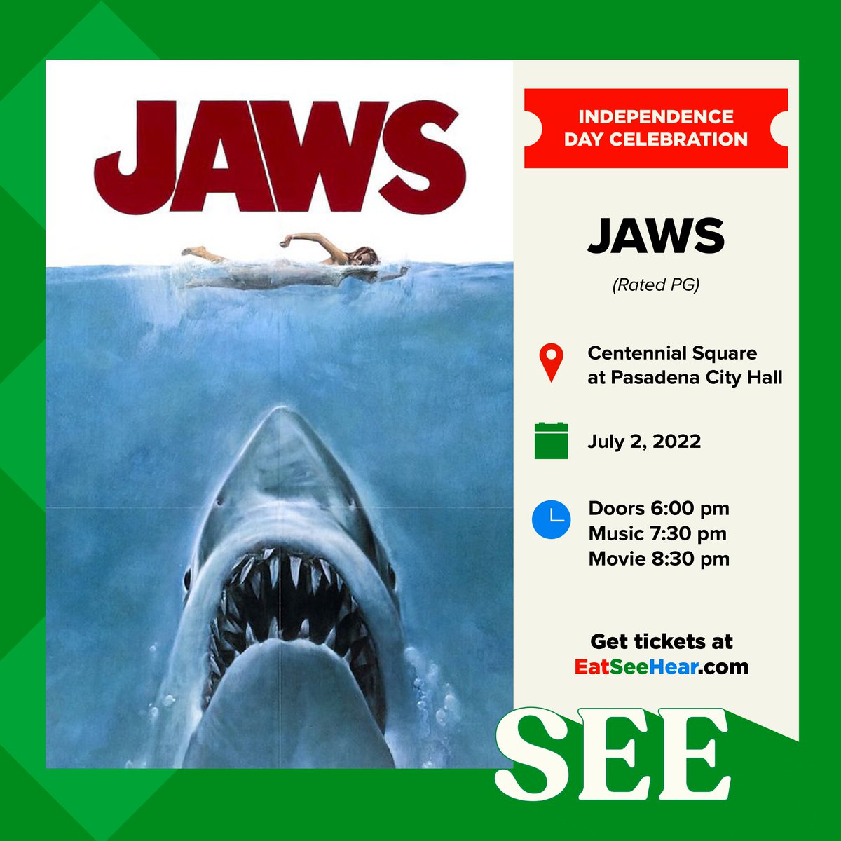 THIS SATURDAY! 🎥🦈🎶🍔🍦😀

Join us for <a href="/latimes/">Los Angeles Times</a> Eat See Hear on July 2nd for a screening of Jaws as part of an Independence Day celebration at Centennial Square in Pasadena!

Presented by <a href="/Showtime/">SHOWTIME</a>

#eatseehear #IndependeceDay