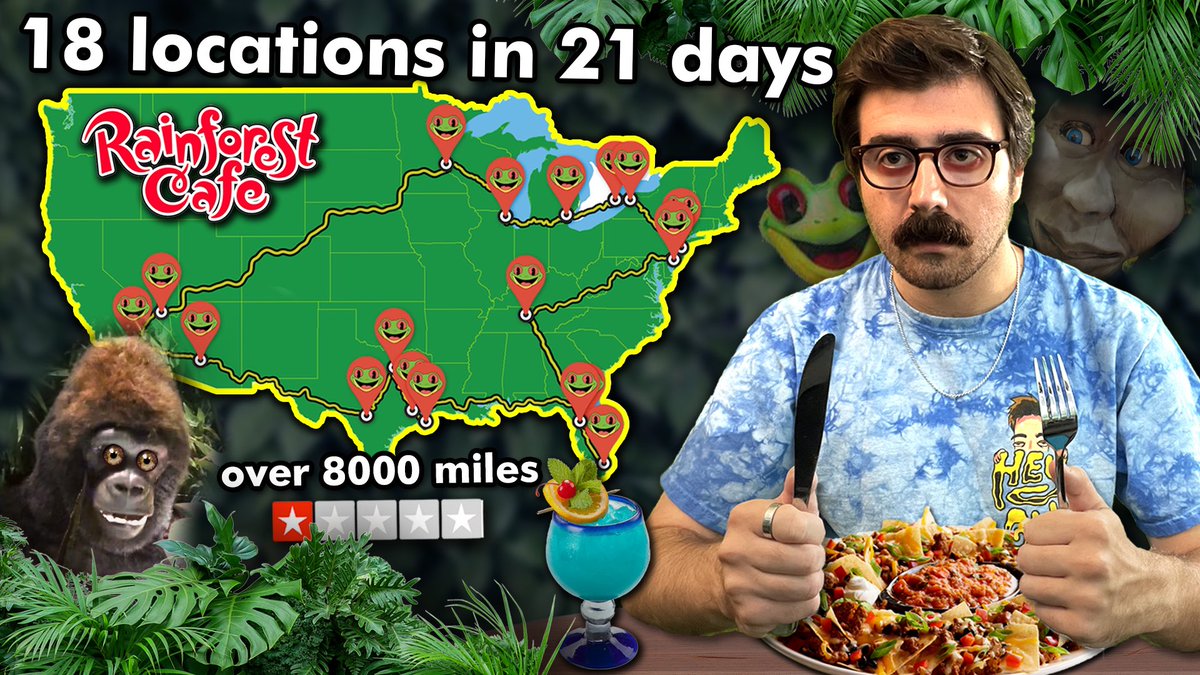 eddyburback's tweet photo. Last month, I visited and ate at every single Rainforest Cafe in the country (and Canada). I’m not kidding. Ted and I wasted 3 weeks of our lives on this: https://t.co/7Fc3g32Mp5

This is the dumbest thing I’ve ever done in my life. https://t.co/MjQl4laOR1