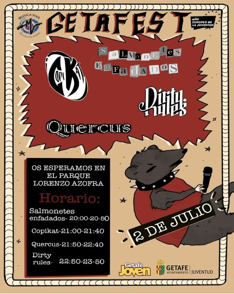 getafejoven's tweet photo. 𝐒𝐀𝐋𝐌𝐎𝐍𝐄𝐓𝐄𝐒 𝐄𝐍𝐅𝐀𝐃𝐀𝐃𝐎𝐒 𝐂𝐎𝐏𝐘𝐊𝐀𝐓 𝐐𝐔𝐄𝐑𝐂𝐔𝐒 𝐲 𝐃𝐈𝐑𝐓𝐘𝐑𝐔𝐋𝐄𝐒 son las bandas que actúan en la #SemanadelaMúsica este sábado en el parque Lorenzo Azofra a partir de las 20:00h #Getafest ¡𝐓𝐞 𝐞𝐬𝐩𝐞𝐫𝐚𝐦𝐨𝐬!
@MusicaVivaGet @getafejoven https://t.co/WBQHXfn544