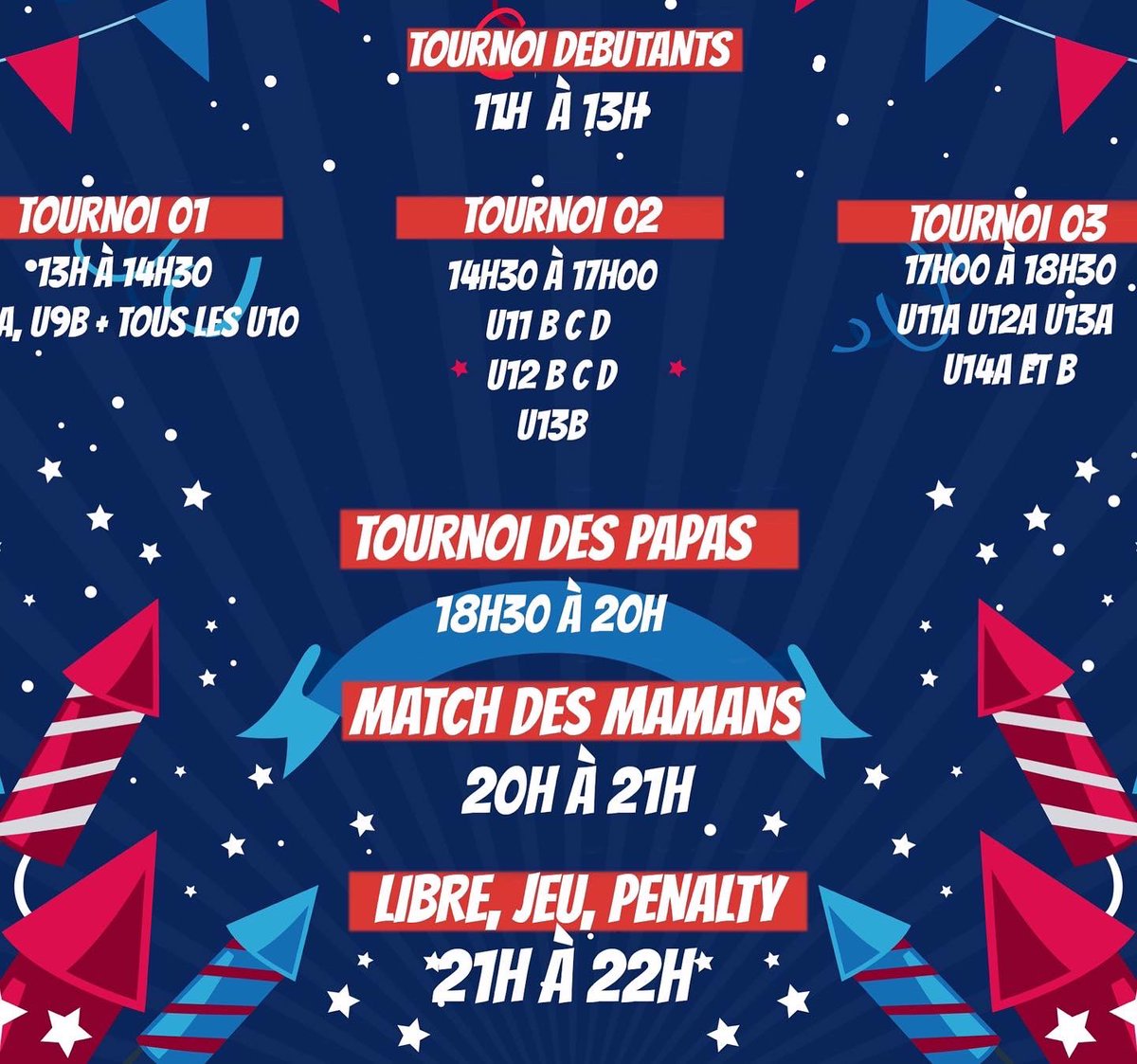 🎉 FÊTE DU CLUB🎉

Ce sera la fête du club ce samedi 02/07/22 

Histoire de passer un dernier moment tous ensemble nous vous invitons à passer la journée à nos côtés.

🗓PROGRAMME