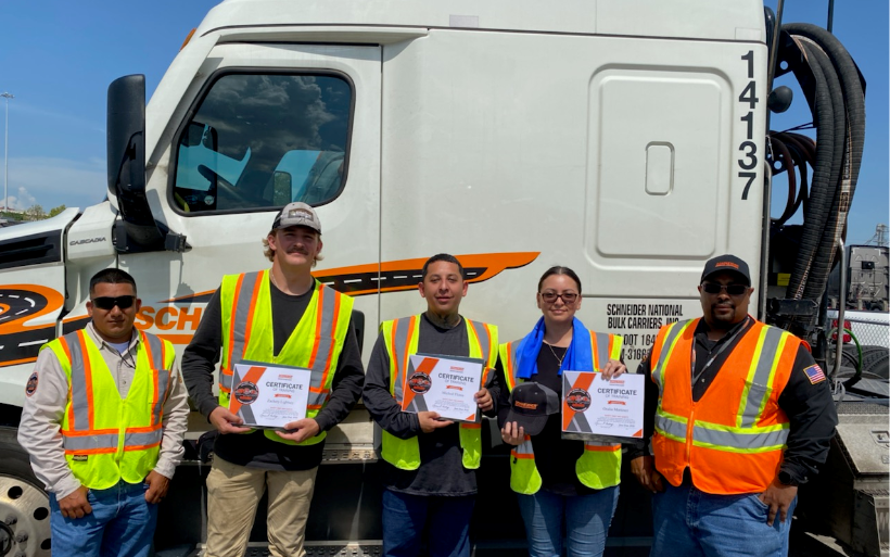 WeAreSchneider's tweet photo. Congrats to our newest Bulk drivers, Zachery Lightsey, Michael Flores, and Oralia Martinez for completing Bulk orientation and training! We're excited for them to start their professional driving career with Schneider and safely deliver our customer's freight. #DriveOrange https://t.co/qewEnCvyQ3
