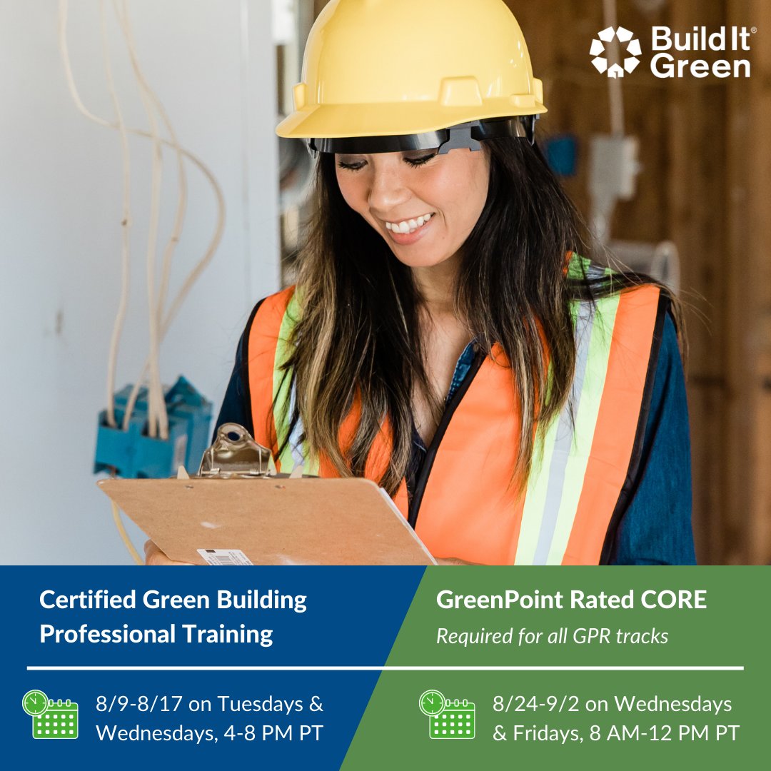 GreenPointRated's tweet image. Registration is now open for @WeRBuildItGreen's upcoming Certified Green Building Professional Training and GreenPoint Rated (GPR) CORE class! If you're interested in learning green building fundamentals or the basics of GPR systems, RSVP via Eventbrite: bit.ly/3R3BgWf