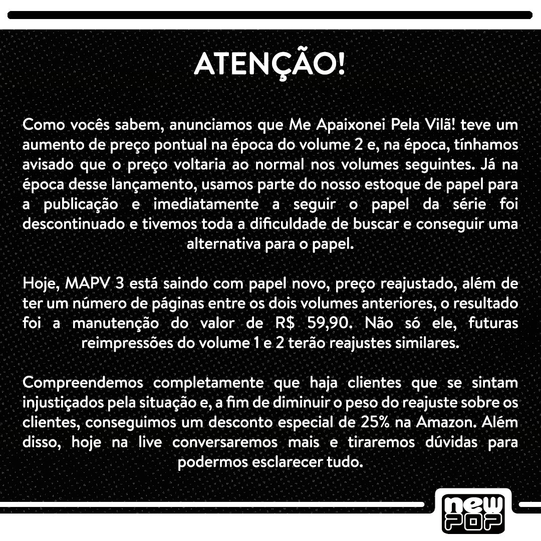 editoranewpop's tweet photo. Pessoal, trazendo o comunicado sobre o reajuste de Me Apaixonei pela Vilã! 3. Pedimos desculpa pelo atraso para trazer essa informação, estávamos aguardando a aprovação do desconto para podermos comunicar direitinho. https://t.co/w60sDwWy2U