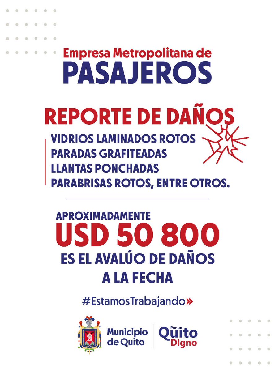 MunicipioQuito's tweet photo. La violencia y el vandalismo han dejado daños y pérdidas a los bienes públicos. @TransporteQuito informó que en el Sistema de Transporte Municipal existe una afectación de USD 50.800 por vidrios rotos, llantas ponchadas, paradas grafiteadas, entre otros.

#QuitoMerecePaz https://t.co/DU6TCQlCML