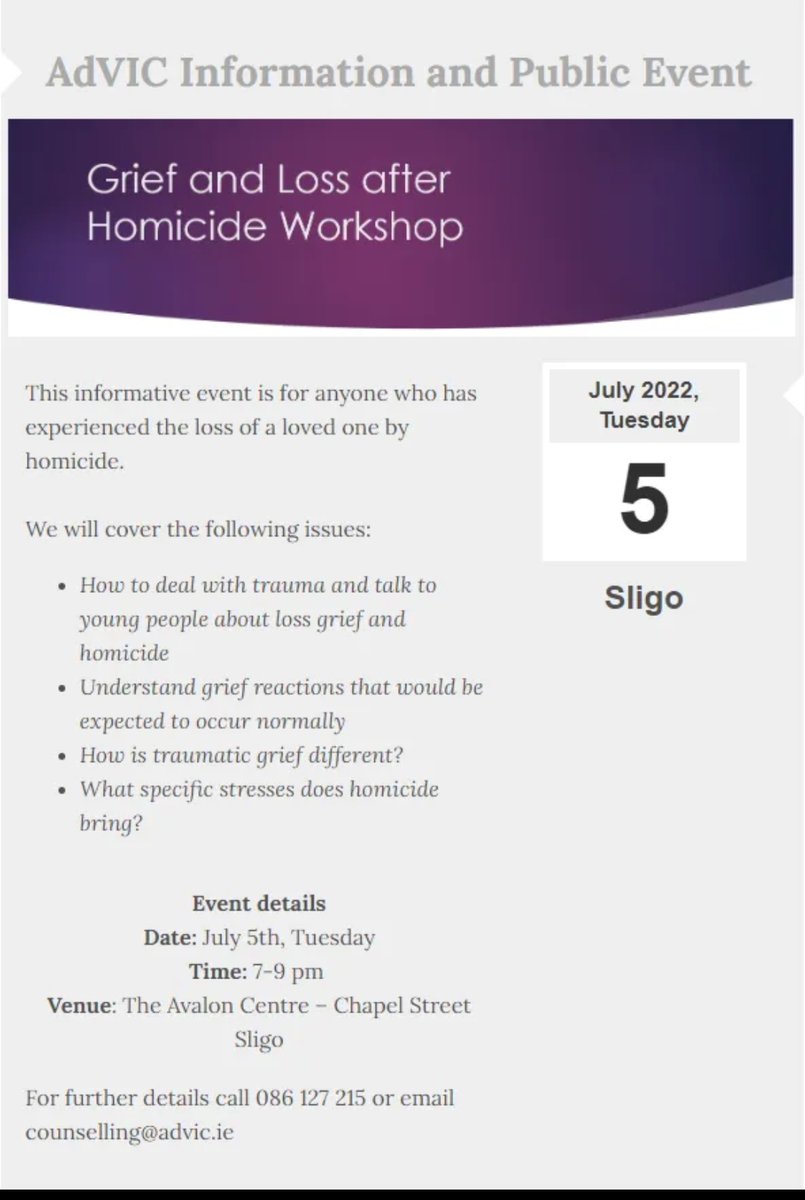 We would like to invite you to our workshop '#Grief and #Loss after #𝗛𝗼𝗺𝗶𝗰𝗶𝗱𝗲' in #Sligo.

 If you feel that you or someone you know could benefit from attending, please share the news and join us. Details Below.