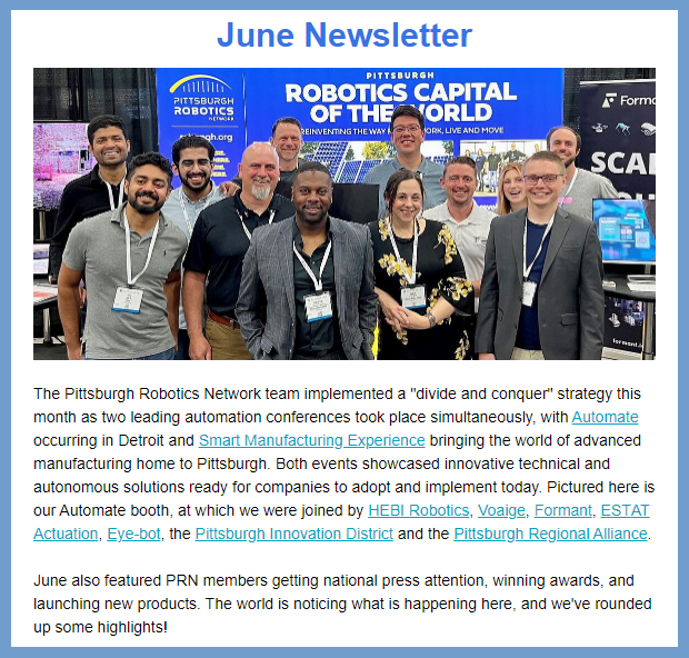 Our June newsletter is out now! It's been a busy month, &amp; we're featuring the updates here - 7056921.hs-sites.com/pittsburgh-rob…

Make sure to subscribe to get future newsletters sent directly to your inbox! - robopgh.org/news/newslette…

#Pittsburgh #Robotics