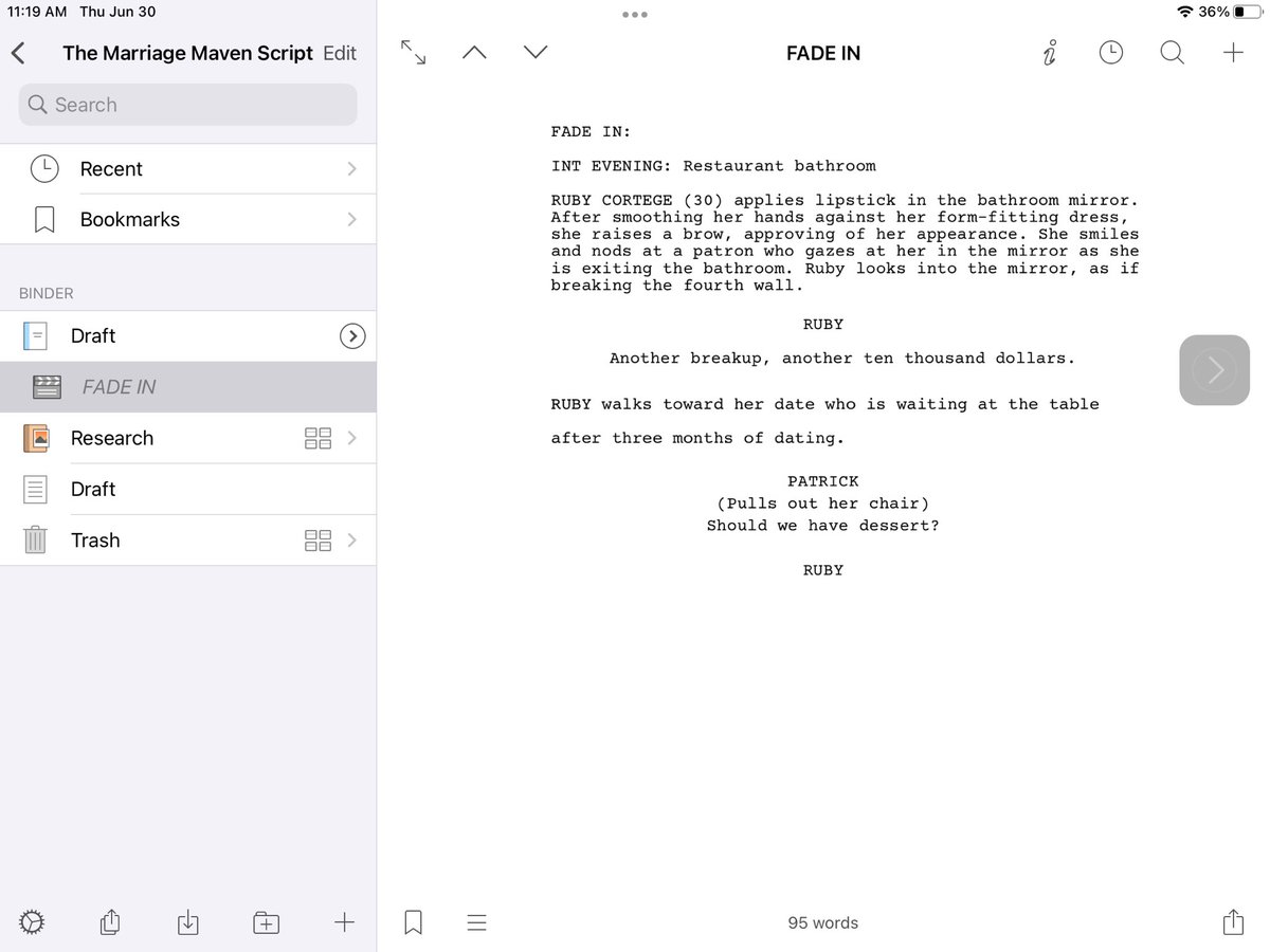 While I’m vacationing in the desert (111F) with absolutely no attention span for my current WIP, I’m adapting my novel, manifesting it become a film after publication (manifesting that too). But Scrivener iOS doesn’t have the screenwriting feature, making formatting wonky.