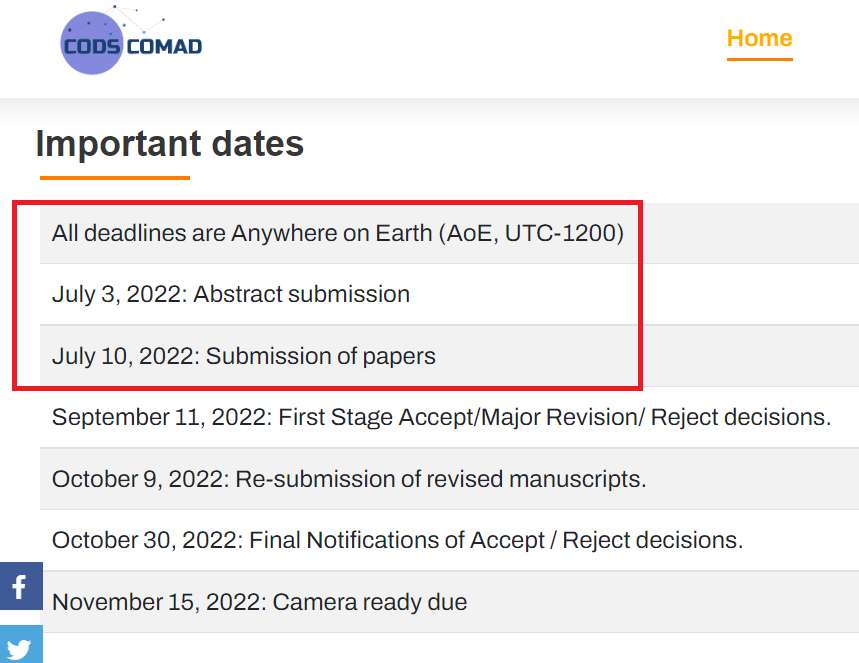 Consider submitting to #CODSCOMAD2023

Deadlines are approaching soon for the Research and Applied Data Science tracks.

July 3, 2022: Abstract submission
July 10, 2022: Submission of papers
All deadlines are Anywhere on Earth (AoE, UTC-1200)

#Deadline #CFP #DataScience