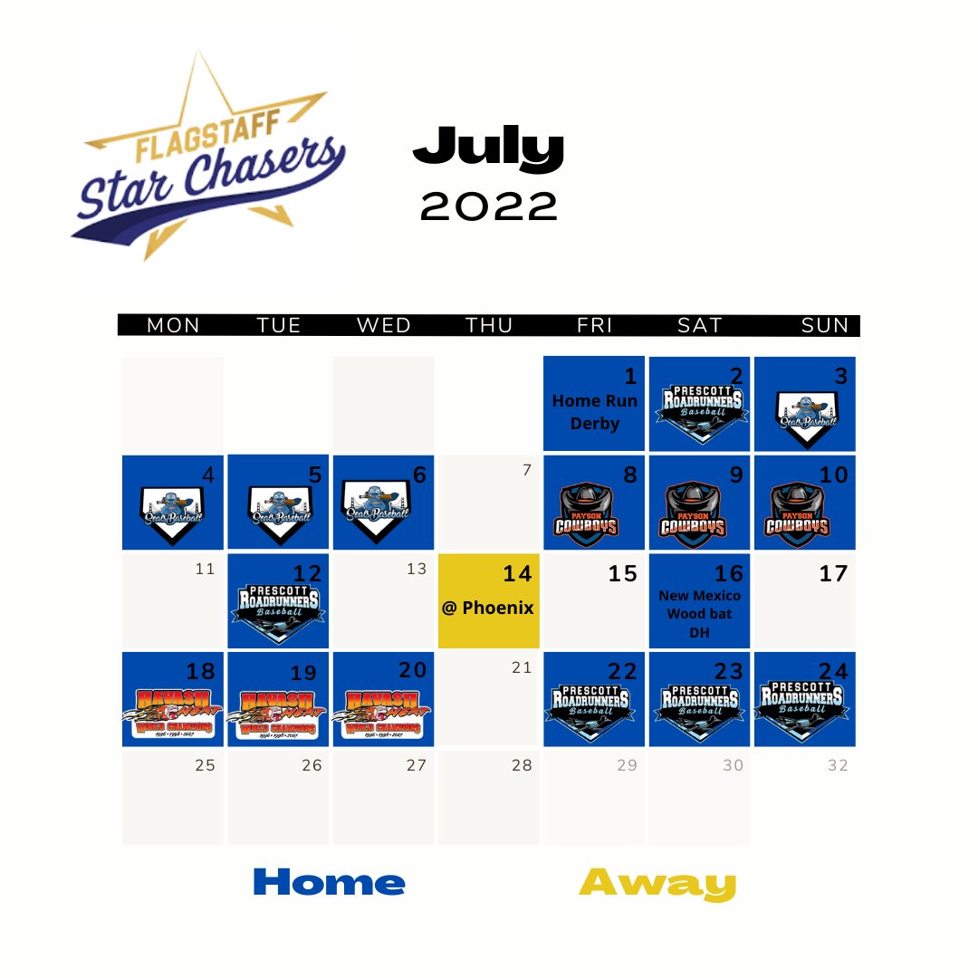 🚨Chaser Nation🚨
Your July 2022 schedule is here! Check it out on our website! Don't miss our upcoming 5 games at home and our 2nd kids camp next week (July 6-8th)!
flagstaffstarchasers.com