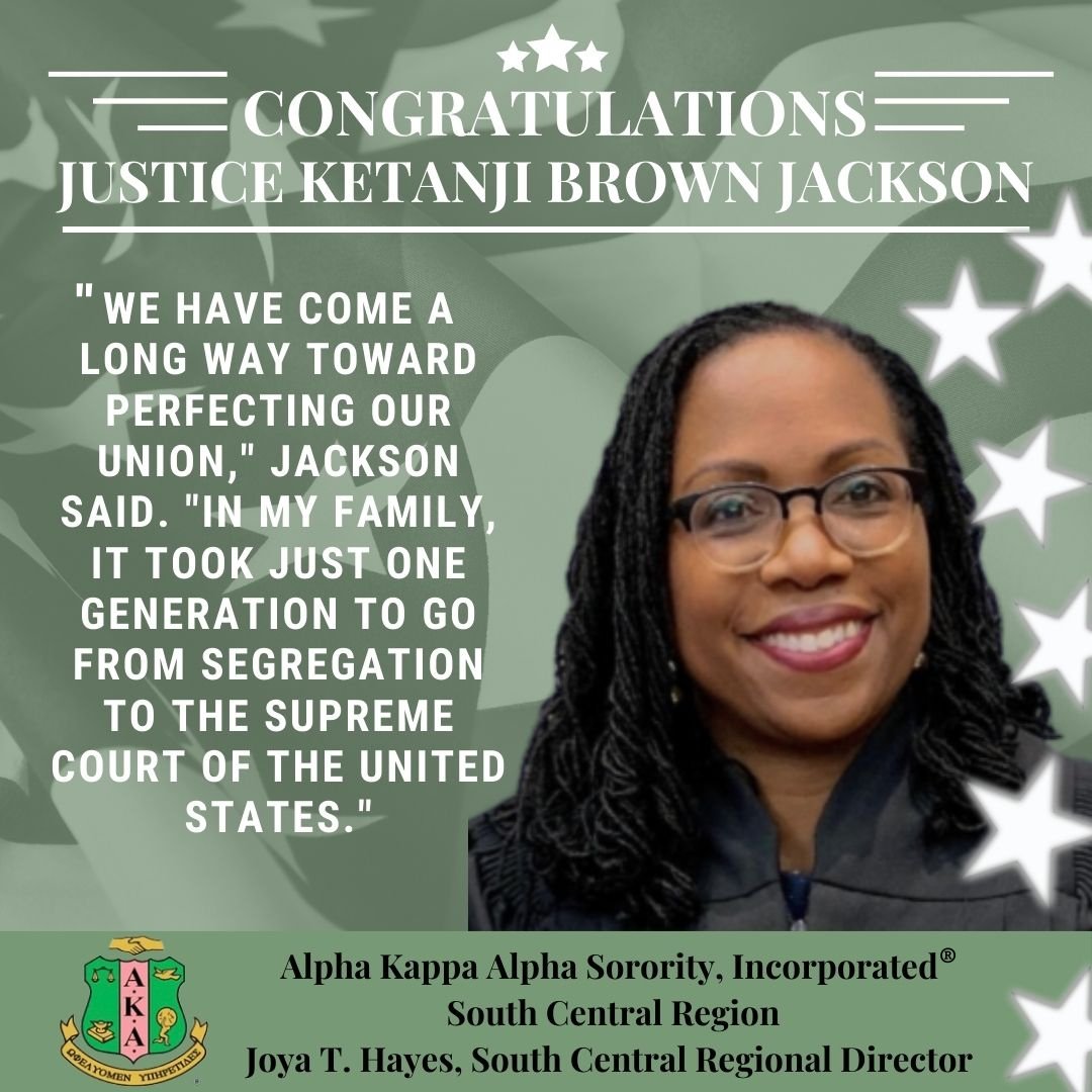 SouthCentralAKA's tweet image. Congratulations to Justice Ketanji Brown Jackson on her historic installation as a Supreme Court Justice of the United States. She is the embodiment of our ancestors' wildest dreams realized. #AKA1908 #WeAreSouthCentral #RepresentationMatters
