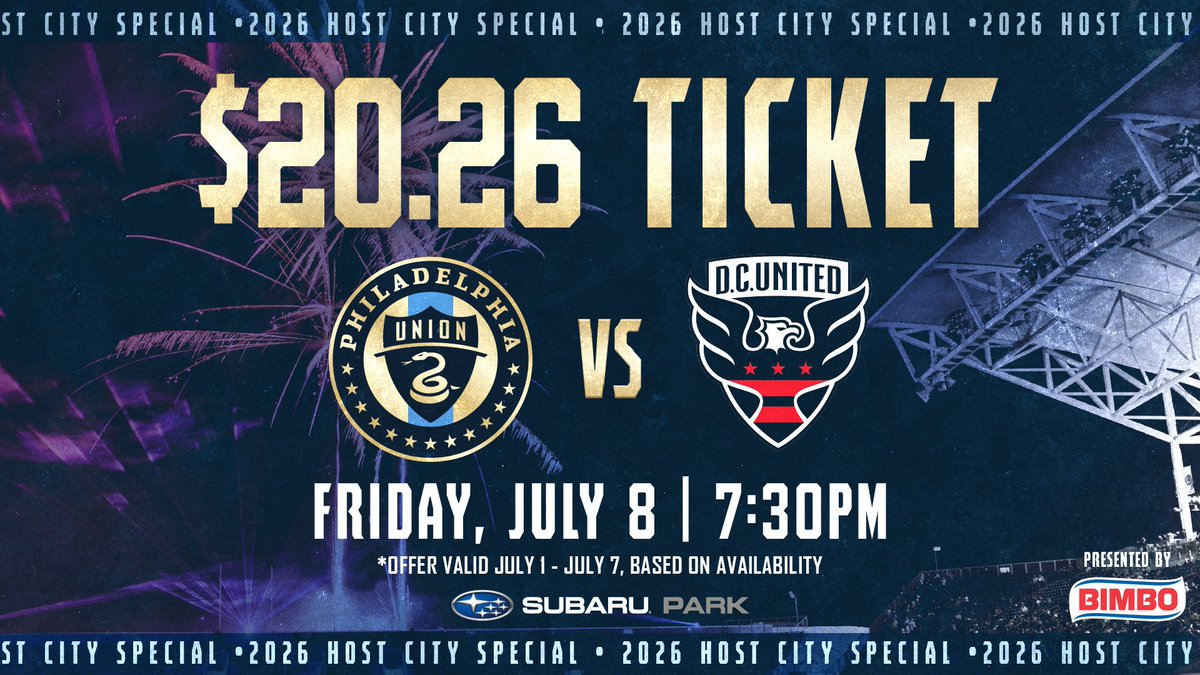 PhilaUnion's tweet photo. Never too early to celebrate the world coming to Philly in 2026!

$20.26 tickets for our July 8 match &amp; postgame firworks show just makes sense... get yours now!

🎟 https://t.co/uZd5T31MJJ

#DOOP https://t.co/PaVpHOmgoM