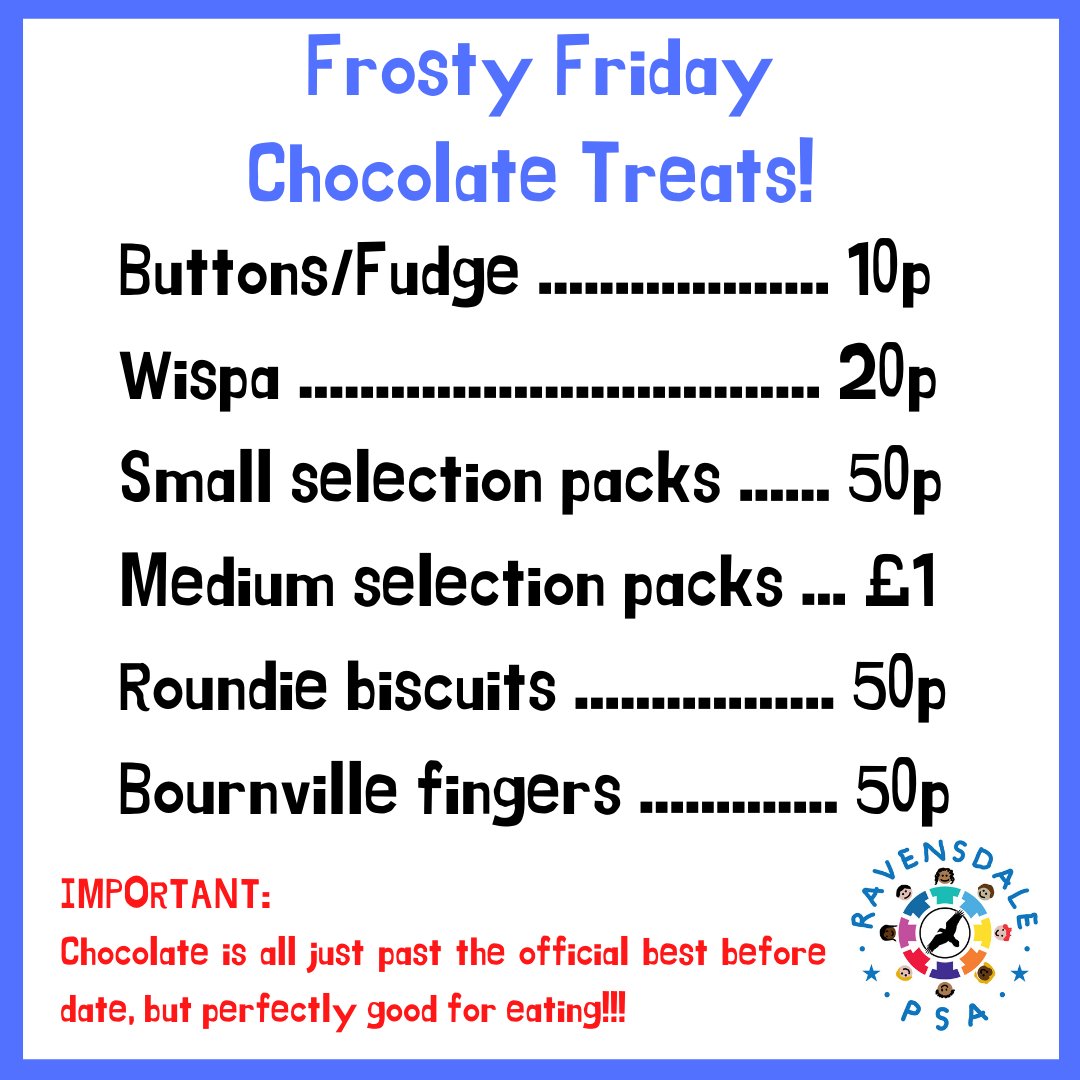 RavensdalePSA's tweet photo. We've been gifted some chocolate to sell for fundraising purposes - grab yourselves a treat for the weekend along with your Frosty Friday  ice-cream!

@ravensdaleps https://t.co/bBpt023d01