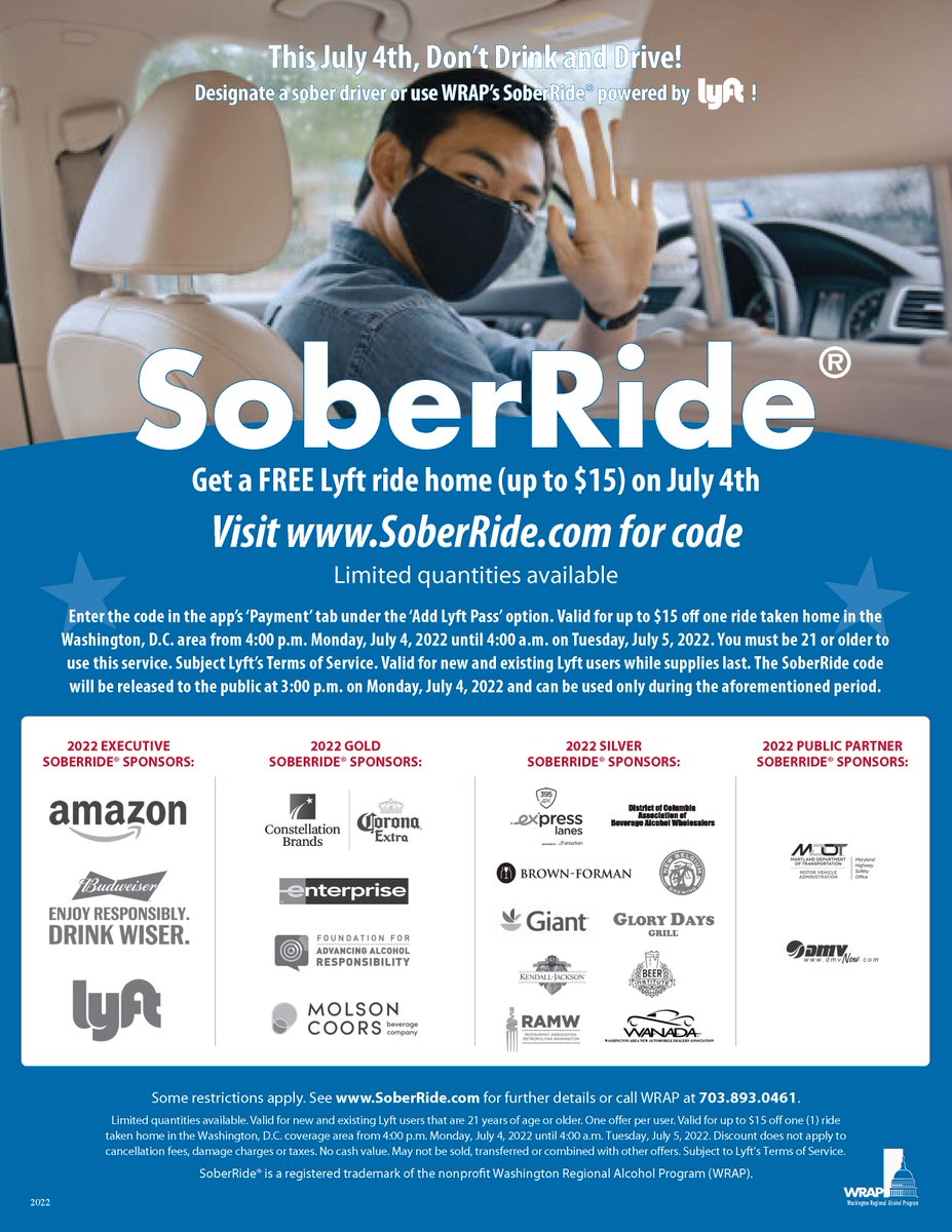Free Independence Day Lyft Rides throughout Greater Washington 𝗡𝗘𝗫𝗧 𝗠𝗢𝗡𝗗𝗔𝗬 (July 4th) to Prevent Drunk Driving 🎆 #SoberRide SoberRide.com