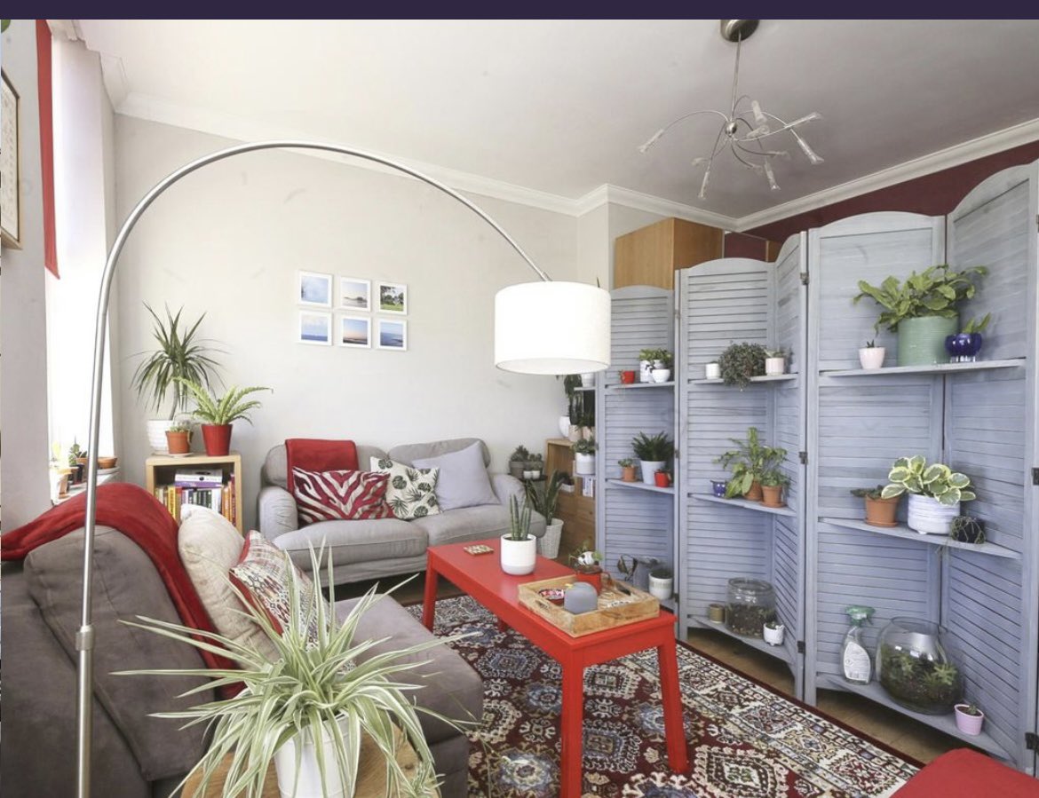 KatieDMN's tweet photo. If you want to know how ridiculous the UK housing market is at the moment, here’s a flat trying to disguise itself as a very overpriced 2 bed by putting a bedroom in the living room BEHIND A SCREEN https://t.co/3SUh8NZ9xA