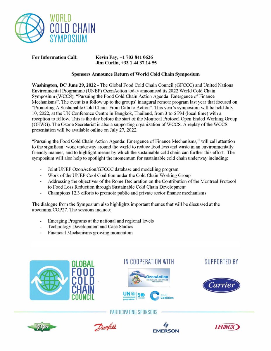 FoodColdChain's tweet photo. Yesterday, GFCCC, along with other sponsors, announced the return of the World Cold Chain Symposium in Bangkok, Thailand ahead of the OEWG on July 10. See the press release attached for more details! #foodcoldchain #coldchain https://t.co/ZD0m0q0F7z