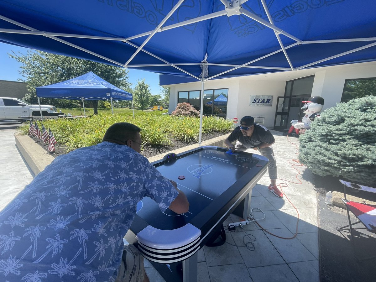 Firststarlog's tweet photo. Some BTS of today’s #FSLSummerOlympics game: Air Hockey. Today’s Theme: Hawaiian 🌺 https://t.co/nzrHPWPiJC
