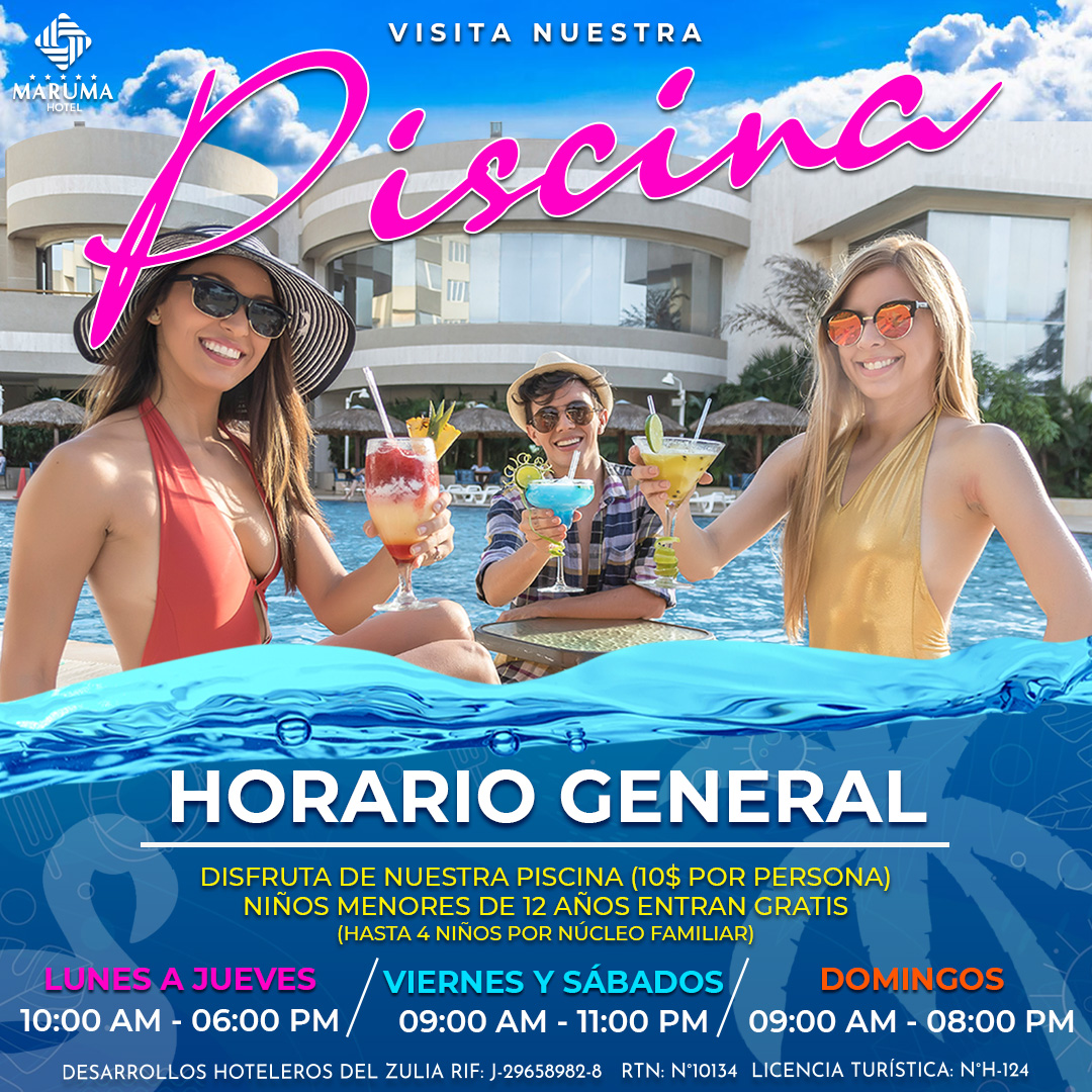 Ven a nuestra IMPONENTE PISCINA⭐⭐⭐⭐⭐
•
Valor de la Entrada:

$10 por cada Adulto ☀️💦🌴⛱️
¡Niños menores a 12 años ingresan gratis!
•
Horario: Martes / 09:00am - 06:00pm
•
#Maruma #Piscina  #Hotel #Hoteles #Maracaibo #CincoEstrellas #Espacios #Hospedaje #Travel #Viaje
