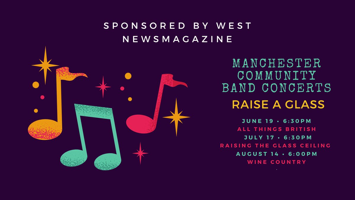 Our next Manchester Community Band Concert is July 17th at 6:30pm. This concert we will be 'Raising a Glass' to raising and break glass ceilings by performing works by composers who have broken through barriers in their industry. Mark you calendars, we will see you then!