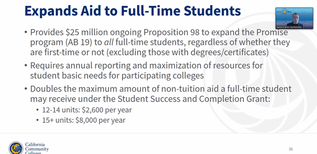 Historic news about #finaid in #CAbudget. The budget sets in motion the largest expansion of #CalGrant for CCC students EVER!! Along w/ significant new expansion of #finaid for full-time students, including an expanded College Promise and Student Success and Completion Grant