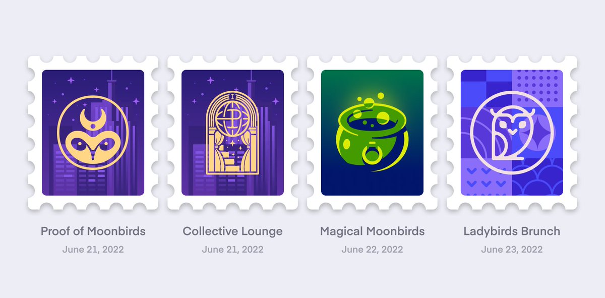 moonbirds's tweet photo. Officially launching Stamps today! When your Moonbird attends an official event or a specifically tagged location, you'll be able to earn a Stamp in your Passport to commemorate your attendance (via POAP). Check your Collector Profile and start building out your collection. https://t.co/CdMRQ5hgcl
