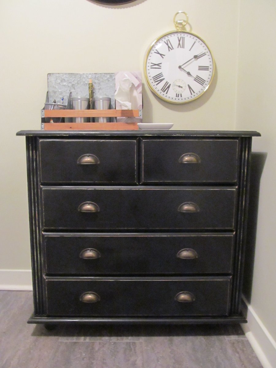 ComedyMontreal's tweet photo. @plateau_astro Unpainted chest of drawers, 1 foot missing (1990s.) 
I put casters on it &amp; painted it green, back then.
Last year, I repainted it matte black &amp; antiqued it. Love it! #upcycling #streetfind https://t.co/HPgNjH1k7O