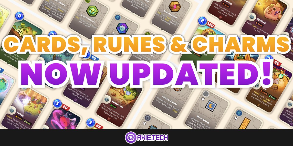 amypeniston's tweet photo. Check out the latest @AxieInfinity Origin content in the newly updated @Axie_Tech Explorer:
Cards ๐ https://t.co/sCCEo2WNEu
Runes ๐ https://t.co/QeKHivW9HV
Charms ๐ https://t.co/It6QBmszXk
Happy browsing!
#AxieInfinity https://t.co/P8r4odEELd