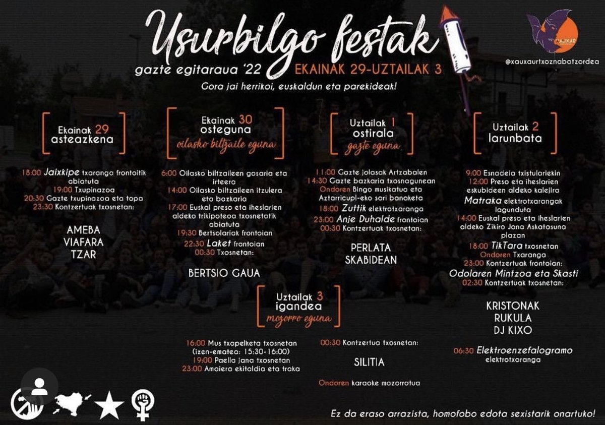 UZTAILAK2🔥
Larunbaten Usurbilen izango gea Zer GertatuZaigu birari jarraipena ematen!
Gure etxian bezela ta gainea @odolaren.mintzoa @kristonak @rukulaband eta @tiktara_ bezelako taldiakin!
Azaldu parranda sano bat botatzea!
BIZITZA DA HANDIENA!