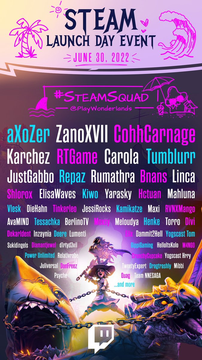 2K's tweet photo. Tiny Tina's next step in world domination is underway  😈 

In celebration of @PlayWonderlands coming to Steam, TTWL #SteamSquad is taking over Twitch right now!

Catch some of your fave streamers

▶️ https://t.co/T8BbN1CwNb https://t.co/Z1owIYEWUW