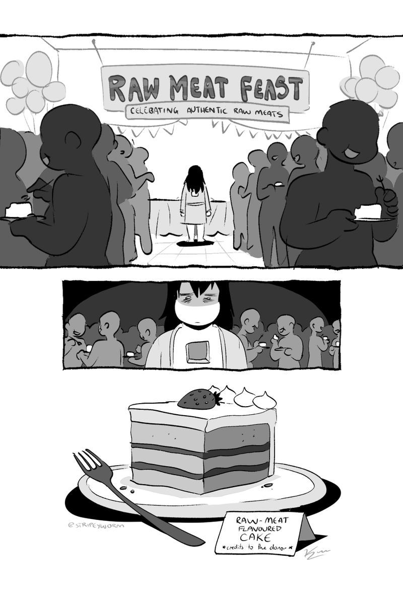 ISO: Raw Meat 🖤
Here's my comic for the NIGHTMARES anthology I made with friends. It's about meat and consumption. Enjoy!!
⚠️ Content Warning: Implied Cannibalism, Chest Surgery, Wounds, Illness, Stylized Gore