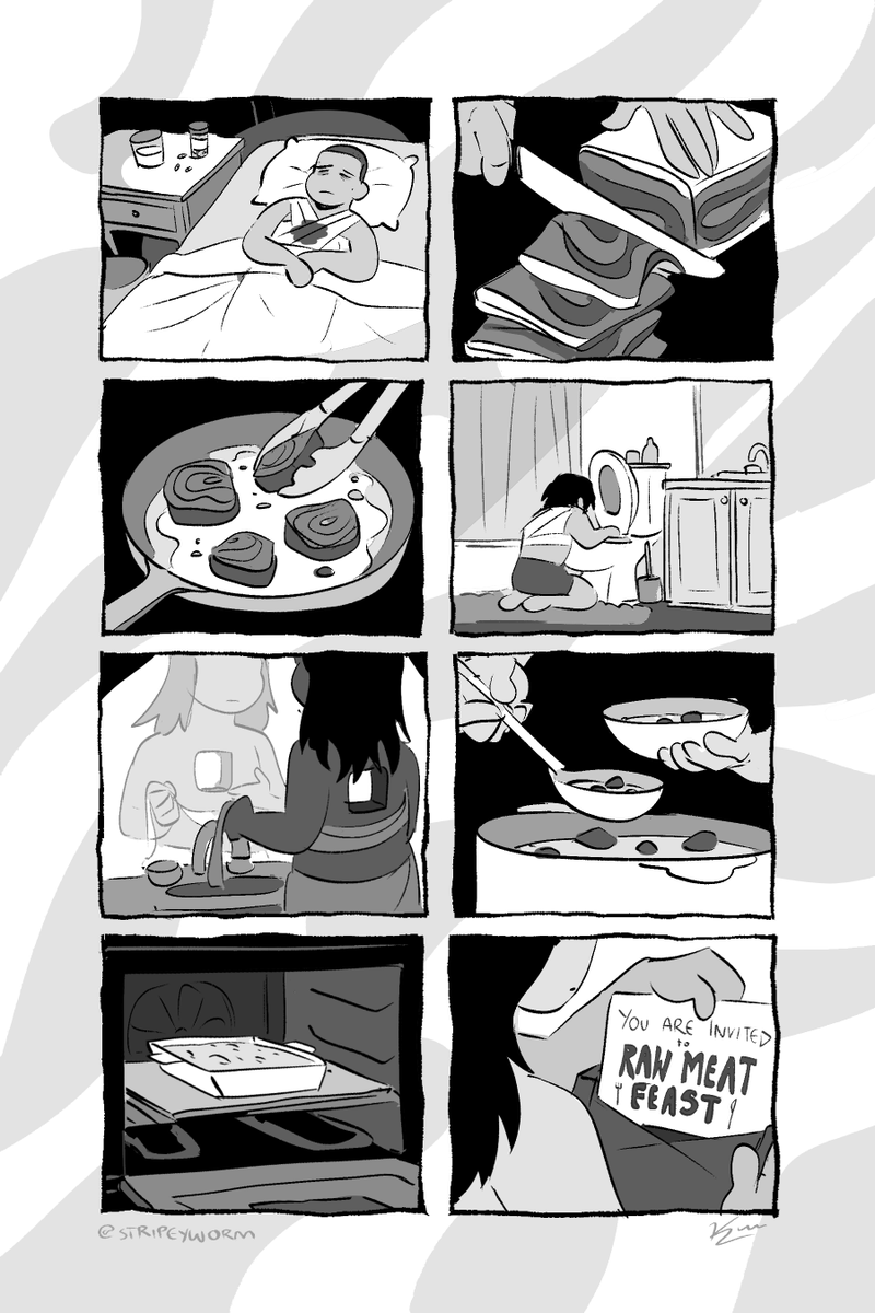 ISO: Raw Meat 🖤
Here's my comic for the NIGHTMARES anthology I made with friends. It's about meat and consumption. Enjoy!!
⚠️ Content Warning: Implied Cannibalism, Chest Surgery, Wounds, Illness, Stylized Gore