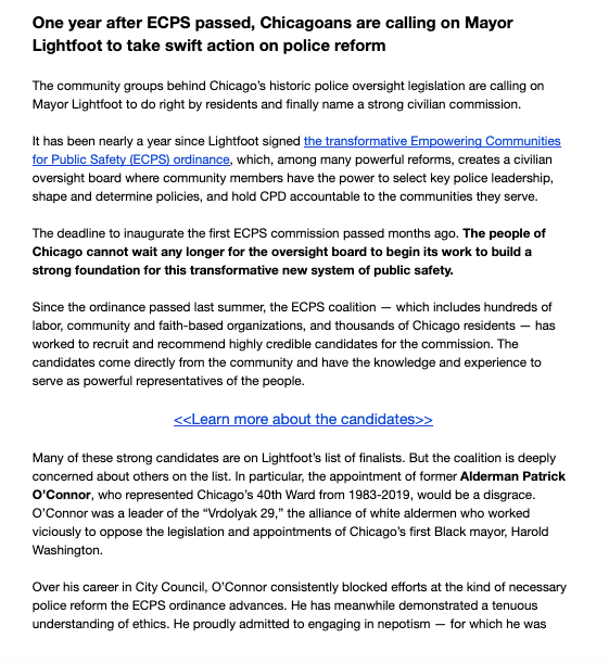 erin_hegarty's tweet photo. Empowering Communities for Public Safety coalition in a letter urges @chicagosmayor to "stop dragging her feet," name 7 members of interim civilian commission charged w/ CPD oversight. Alders sent Lightfoot their recommendations 37 days ago. Oversight ord was approved ~1 year ago https://t.co/MuQpIAXI9a