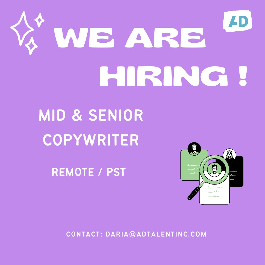 We are currently working with a mid size Portland- based creative agency, to help them hire Copywriters at the mid and senior levels.

Contact: daria@adtalentinc.com for more information!

#copywriting #portland #thursdayvibes