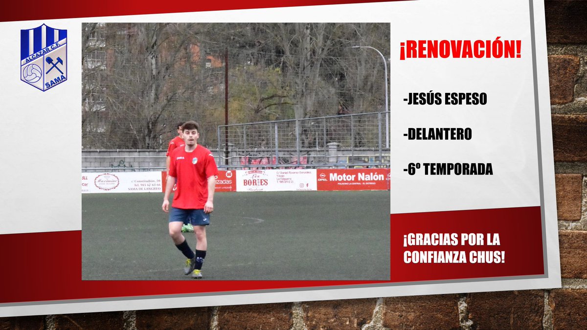 RENOVACIÓN 🔴🔵

Jesús Espeso renueva el compromiso con nuestro club una temporada más.

Chus finalizará su etapa juvenil defendiendo nuestro escudo y con esta, ya van seis temporadas en Los Llerones.

¡Muchas gracias por la confianza Chus!

#SomosAlcázar
#Desde1954